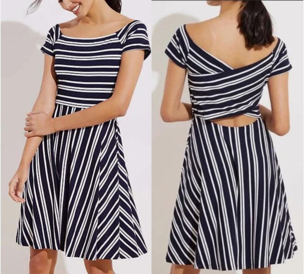 LOFT NWT Plus Size 26 Navy Blue White Striped Square Neck Cap Sleeve Dress